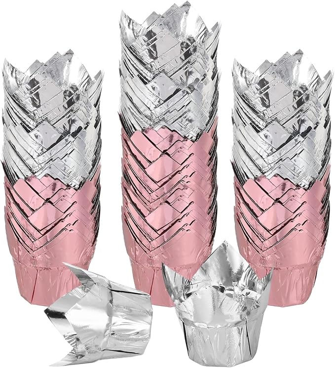 uxcell 100 Pcs Tulip Cupcake Liners, Muffins Liners Aluminum Foil Cupcake Wrappers Baking Cups Muffins Liners for Wedding Birthday Party Supplies, Rose Gold/Silver