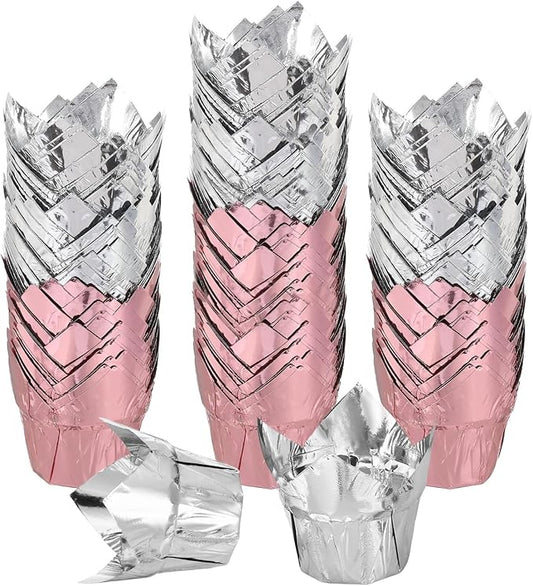 uxcell 100 Pcs Tulip Cupcake Liners, Muffins Liners Aluminum Foil Cupcake Wrappers Baking Cups Muffins Liners for Wedding Birthday Party Supplies, Rose Gold/Silver