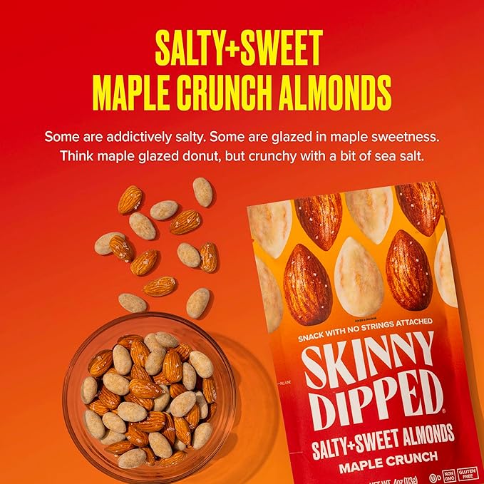 SkinnyDipped Salty + Sweet Maple Almond Crunch, Healthy Snack, Plant Protein, Gluten Free, 4 oz Resealable Bags, Pack of 5