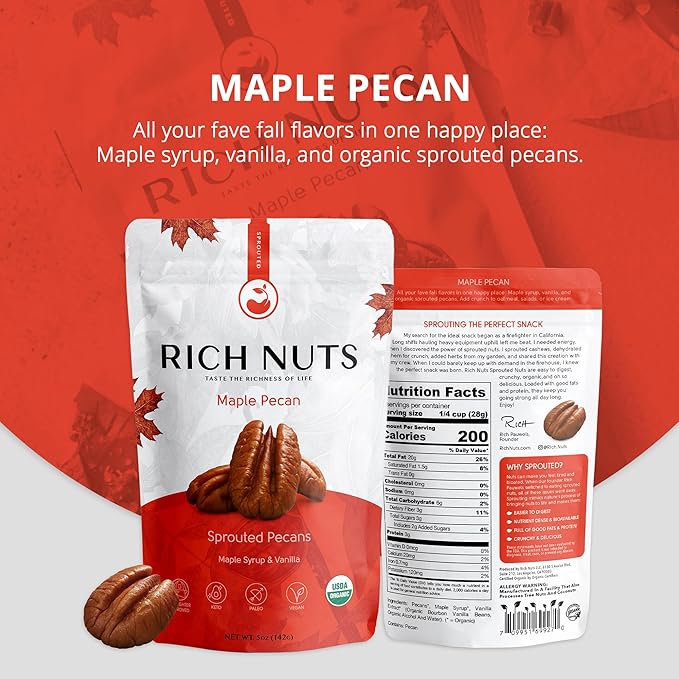Rich Nuts Maple Pecan Gourmet Sprouted Pecans | Vegan, Paleo, Keto | Made with Maple Syrup, Vanilla Extract and Sea Salt | Non-Roasted from Dehyrdated Germinated Raw, Whole Pecans | 4 Oz Bag (2 Pack)