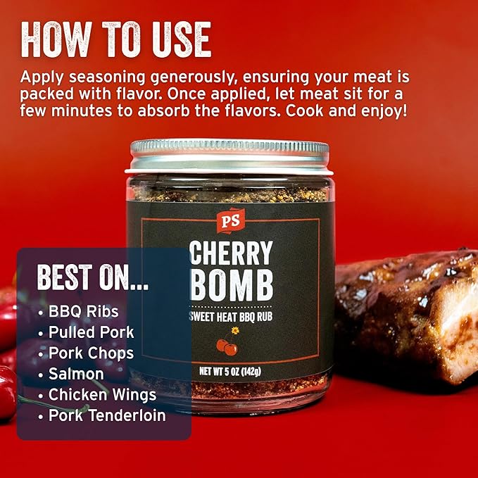 PS Seasoning Cherry Bomb Dry Rub - Sweet Heat BBQ Seasonings and Rubs for Smoking, Grilling, Baking - Smoky Cherry Rub - BBQ Rubs and Spices for Grilling Ribs, Pulled Pork, Chops, Salmon, Wings, 5oz
