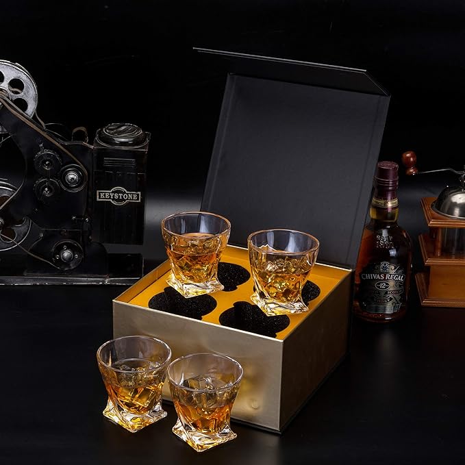 KANARS Whiskey Glasses Set of 4, 10 Oz Crystal Old Fashioned Cocktail Glass in Gift Box, Twisted Lowball Bourbon Tumbler for Scotch Whisky Cognac, Rock Barware for Men Gift
