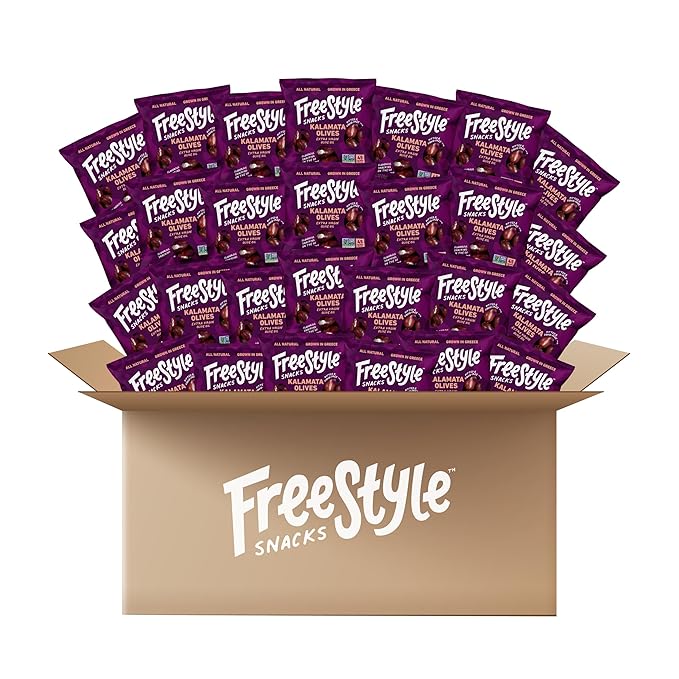 Freestyle Snacks Olive Snack Packs - Bulk Party Pack - Fresh Pitted, Jumbo Kalamata Olives, Grown in Greece, All Natural, Non-GMO, Paleo, Sugar-Free, Keto - Kalamata, 1.1oz Single Serves, 120-Pack