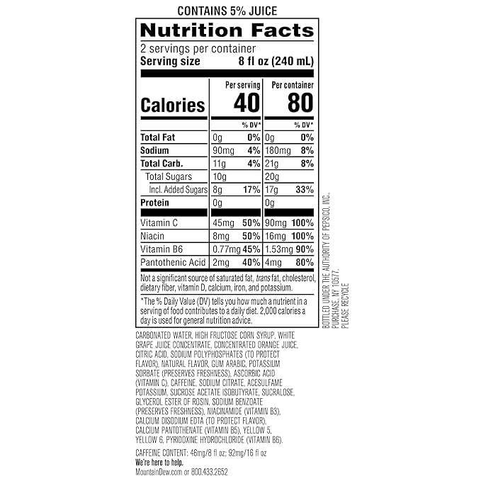 Mountain Dew Kickstart, Orange Citrus, 92mg Caffeine, Vitamins B & C, 80 Calories, 5% Juice, 16 Fl Oz (Pack of 12)