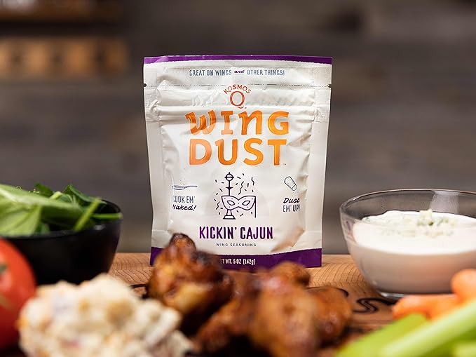 Kosmos Q Kickin’ Cajun Wing Dust, Spicy Creole Chicken Wing Seasoning For Chicken, Fish, Popcorn & More, Sweet, Savory & Spicy Dry Rub, Cajun Seasoning Dust, Great For Grilling & Smoking, 5 Oz