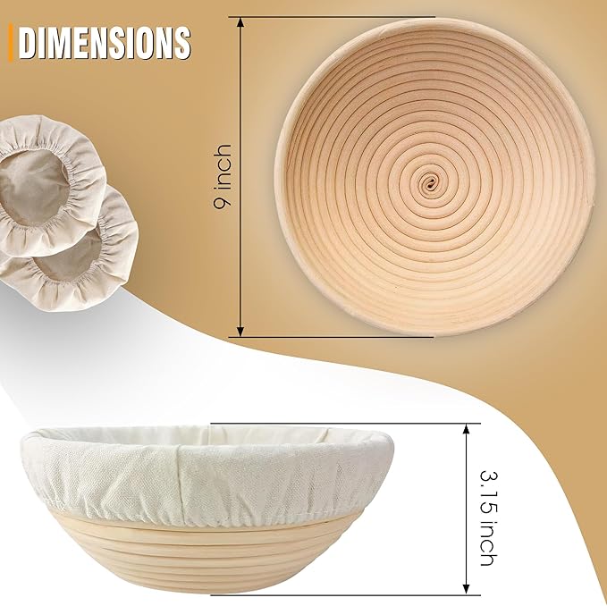 Banneton Bread Proofing Basket Set of 2, 9 Inch Round Sourdough Basket with Liners, Handmade Rattan Dough Proofing Bowl for Artisan Bread Making, Ideal for Bakers (Round 9 inch set 2 Pcs)
