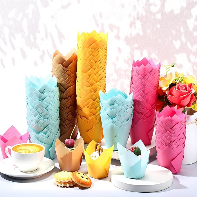800 Pcs Tulip Cupcake Liners Baking Cups Muffin Baking Cupcake Liners Wrappers Greaseproof Tulip Cups Holders for Party Wedding Birthday Baby Showers(Solid,Vivid Style)