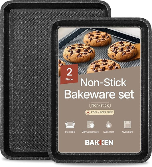 Diamond Bottom Cookie Sheet Set of 2, Nonstick Gray Marble Carbon Steel Baking Pans for Crisp Baking, Space-Saving Stackable Trays, PFOA, PFOS, PTFE Free, Oven Safe Up to 450°F, Small & Medium Pans