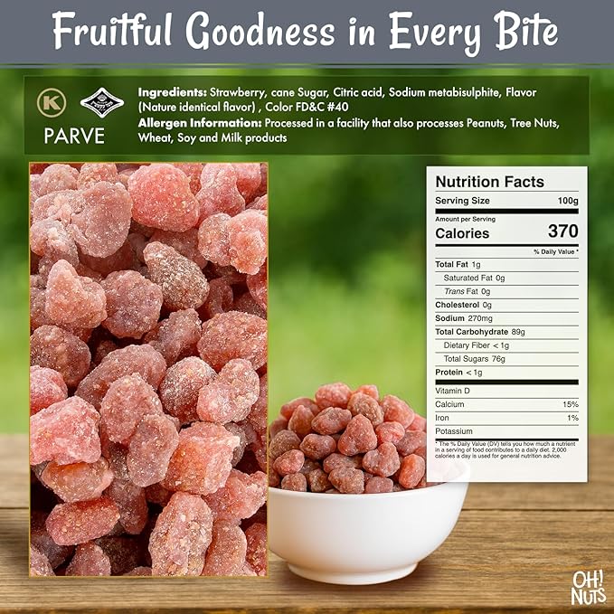 Oh! Nuts Dried Strawberries - 1 LB - Sweetened Dried Fruit - Dehydrated Fruit Bites - Packed in New York Zip-Seal Bag for Exceptional Freshness