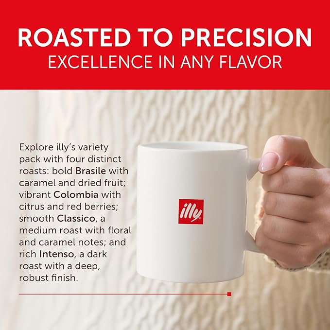 Illy Coffee K-Cups - Compatible Pods for Keurig Coffee Maker - Classico, Intenso, Brasile & Columbia Roasts - Variety - 10 Count (Pack of 6)