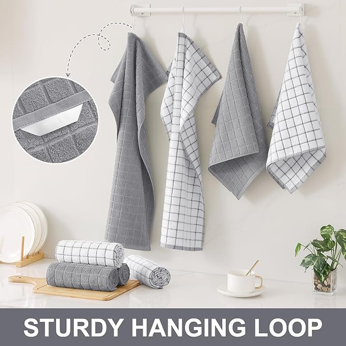 Homaxy Premium Cotton kitchen towels 16"x 28", Large Natural Ring Spun 390 GSM Dish Towels, Super Absorbent Terry Kitchen Hand Towels, Soft Tea Towel with Hanging Loop, Light Grey Check Design, 6 Pack