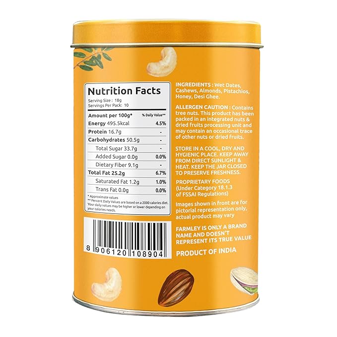 Farmley Protein Dates Bars Jars| Dates Bite with No Added Sugar | Made with Zero Added Sugar | Dates, Pistachio, Cashews, Almonds, Honey | Healthy Protein Bars 200 g (Pack of 10) (7.05 Oz)