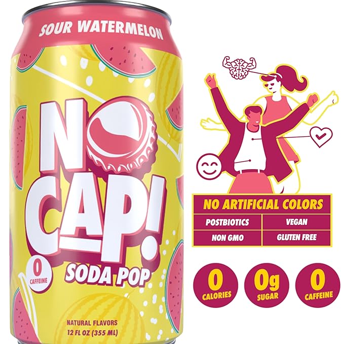 No Cap! Sour Watermelon, Postbiotic Soda, Healthy Soda Alternative, Zero Sugar, Zero Calorie, Caffeine Free, Vegan, Gluten Free, Postbiotics for Gut Health, 12 Oz Cans, 12 Pack