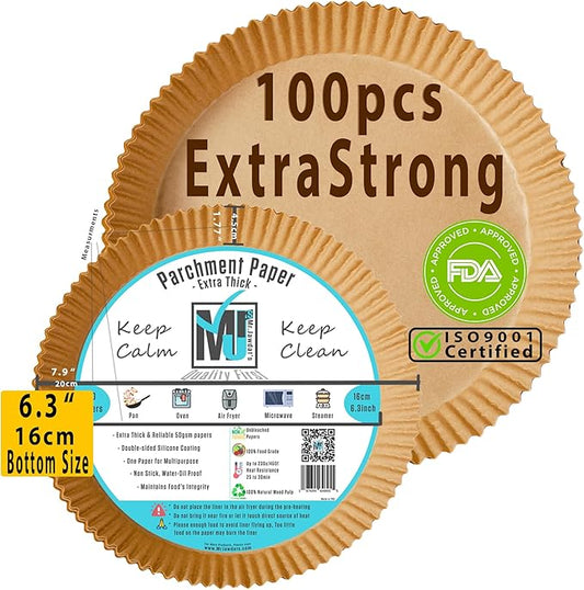 ((Extra Strong)) Air Fryer Disposable Paper Liner 100Pcs, Mr.Jawdat's Strong AirFryer Liners, Non-Stick Liner for Air Fryer and Microwave, Free of Bleach (Round, Bottom Size 6.3inch)