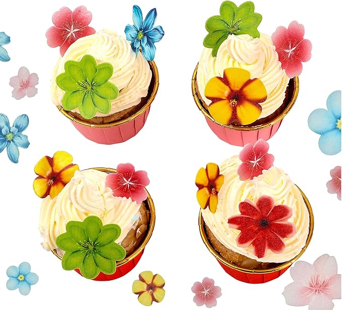 YOcity 35Pcs Edible Flowers Cake Toppers Edible Flowers Cupcake Topper Luau Hawaii Wafer Paper Flower Cake Decorations for Wedding Birthday Baby Shower Party Supplies Mixed Size & Colour