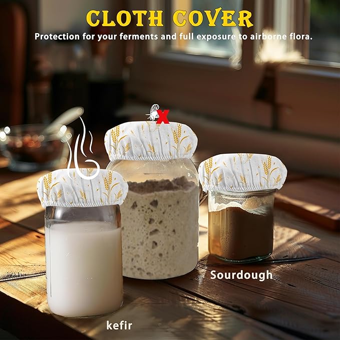 Wheat Harvest Bread 5-Pack Cloth Covers for Sourdough Starter Jar, Cloth Covers Reusable Lid Top Cover Sourdough Proofing Bread Fermentation Baking Supplies for 3-4 Inch Jar Mouth