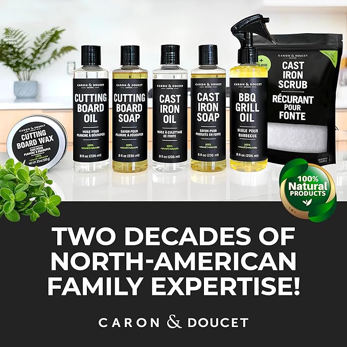 CARON & DOUCET ??Ultimate Cast Iron Set PLUS: Seasoning Oil, Cleaning Soap & Restoring Scrub | 100% Plant-Based & Best for Cleaning Care, Washing, Restoring & Seasoning Skillets, Pans & Grills!