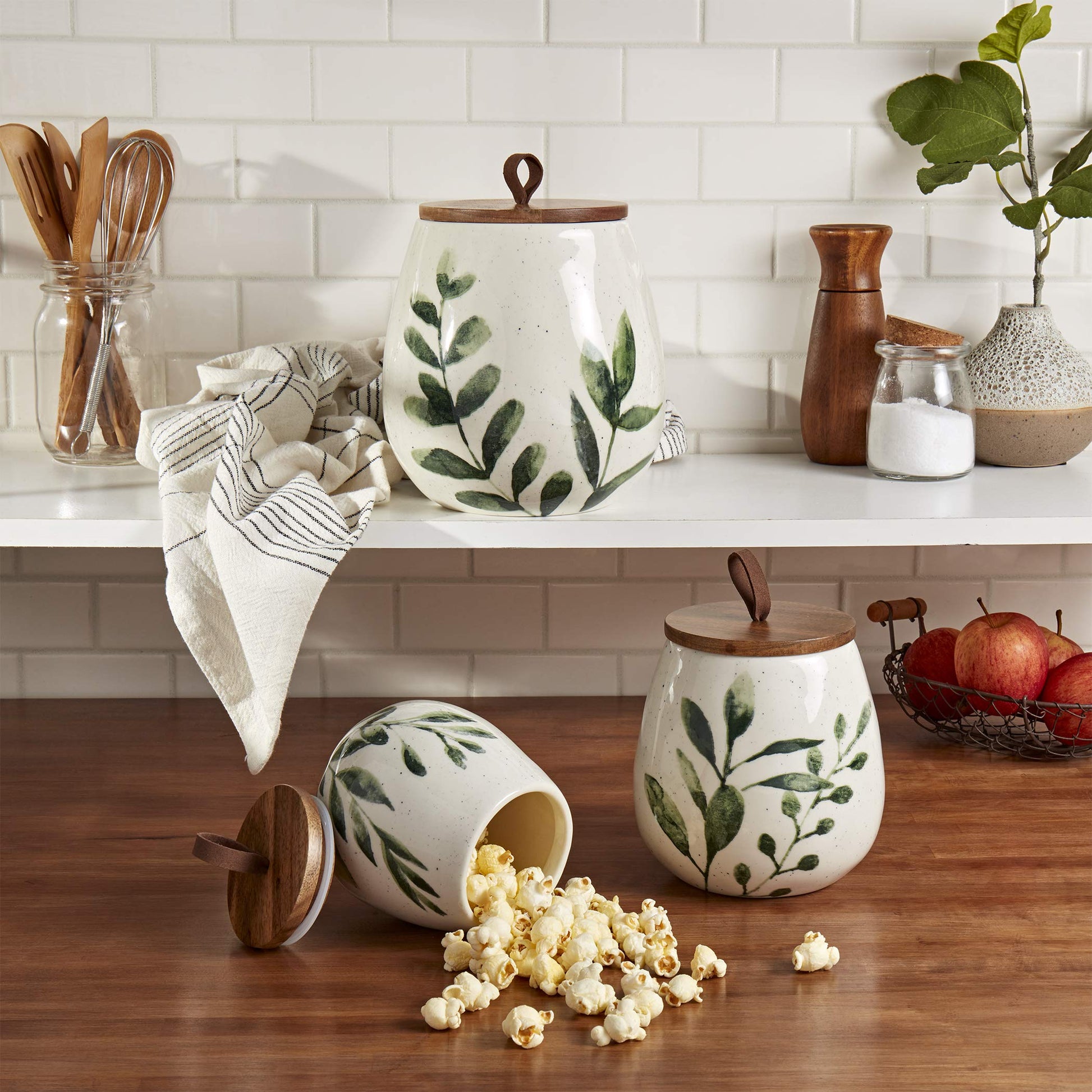 TTU Tabletops Gallery Ceramic Canister Collection- Stoneware Designed Kitchen Storage Acacia Wood