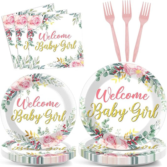 96Pcs Welcome Baby Girl Plates and Napkins Baby Shower Party Decorations Sage Green Pink Dessert Disposable Plates Pink Green Floral Tableware Set for 24 Guests Baby Girls Birthday Party Supplies