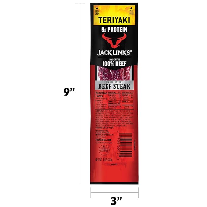 Jack Link's Beef Steak, Teriyaki - Protein Snacks, Meat Snack with 9g of Protein, Made with 100% Beef, Individually Wrapped Bulk Snack Pack, Keto Friendly - 1 Oz. (12 Count)