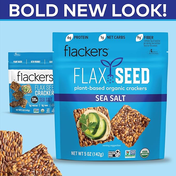 Flackers Organic Sea Salt Flaxseed Crackers, 5 Ounce 1-Pack, Gluten Free, Non GMO, Vegan, Keto Snack, 9g Fiber, 1g Net Carb