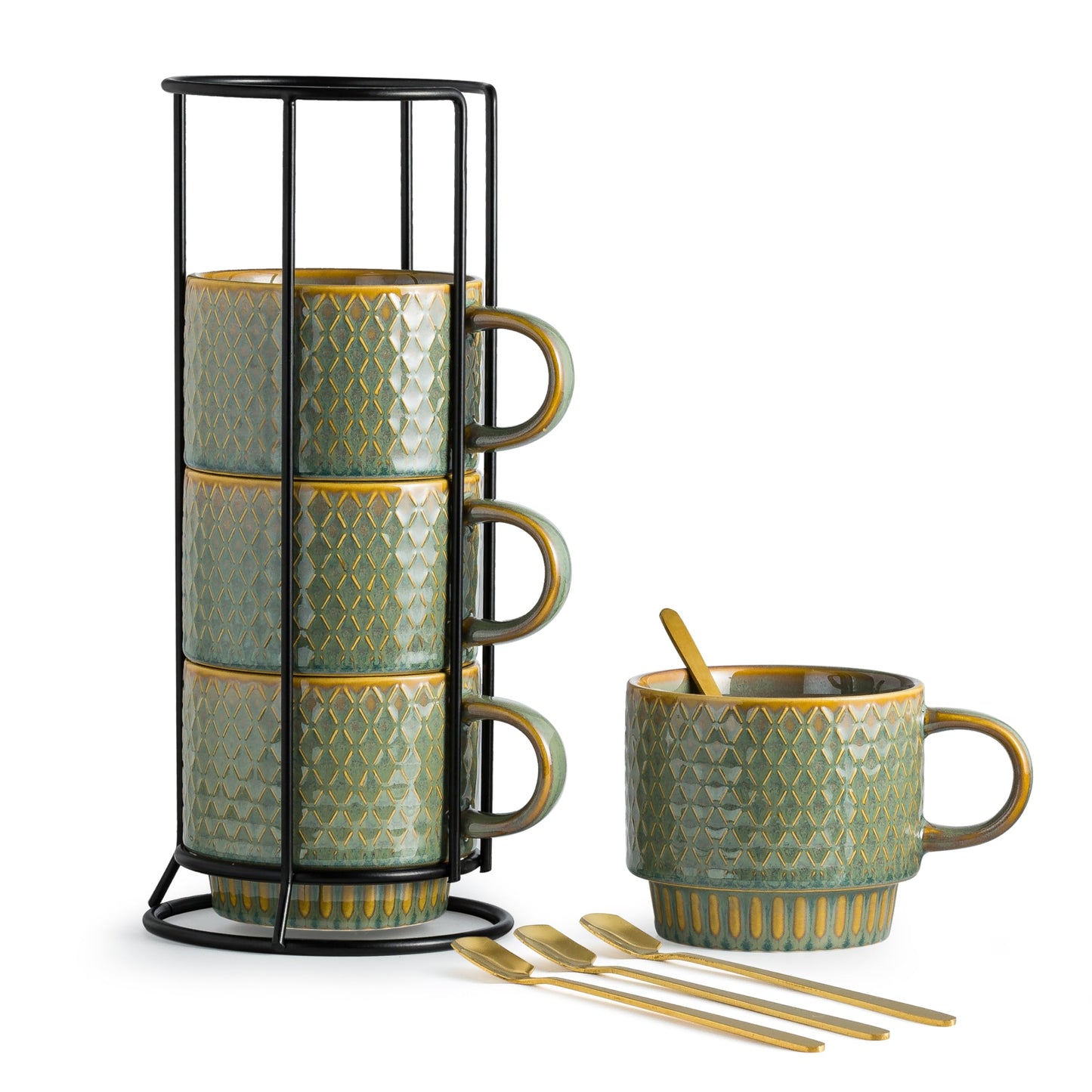 LYEOBOH Coffee Mug, Coffee Mugs Set of 4, Stackable Coffee Mugs with Rack and Spoons - 13 Oz Cup