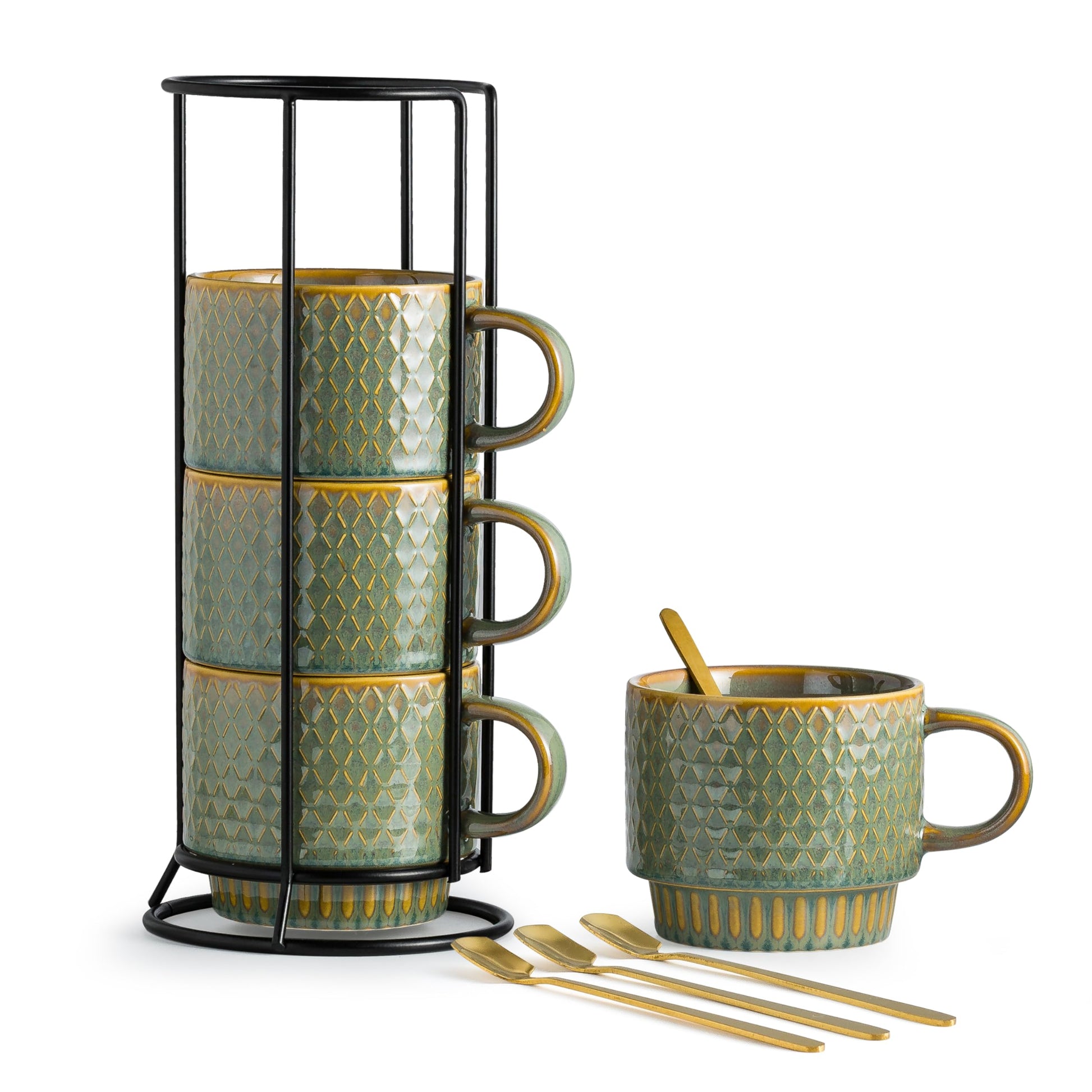 LYEOBOH Coffee Mug, Coffee Mugs Set of 4, Stackable Coffee Mugs with Rack and Spoons - 13 Oz Cup