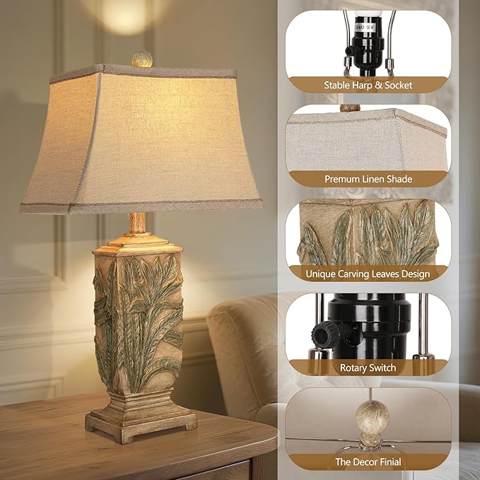 WIHTU 25" Vintage Table Lamps, 3 Color Temperature Rustic Retro Beside Lamp Set of 2, Farmhouse Resin Table Lamp for Living Room Bedroom Nightstands, Rotary Switch, Carved Leaf(2 Bulbs Included)