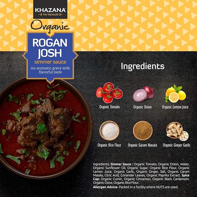 Khazana ORGANIC Rogan Josh Indian Simmer Sauce - 12.7oz Jars | Non-GMO, Vegan, Gluten Free, Kosher | Authentic Indian Meals Made Easy at Home!