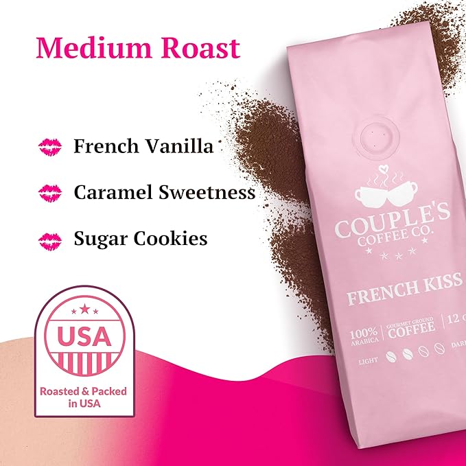 Couple?™s Coffee Ground Coffee | Gives Back to Military Families | French Kiss | French Vanilla Flavored Coffee | Made with 100% Arabica Beans | 12oz bag brews about 34 cups