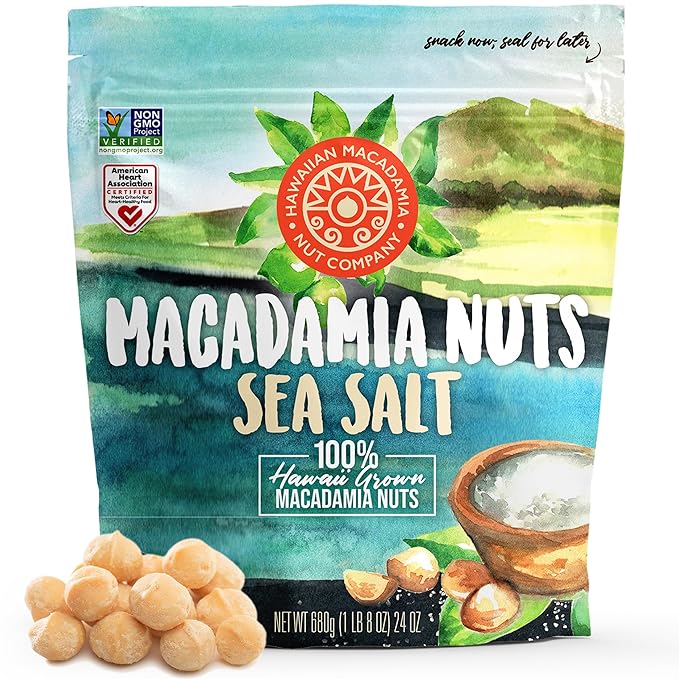 Hawaiian Macadamia Nut Company Dry Roasted Macadamia Nuts with Sea Salt 24 Oz, Source of Fiber, Gluten-Free and Certified Non-GMO, Premium Quality, Crunchy and Delicious