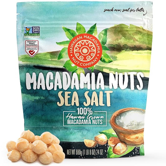 Hawaiian Macadamia Nut Company Dry Roasted Macadamia Nuts with Sea Salt 24 Oz, Source of Fiber, Gluten-Free and Certified Non-GMO, Premium Quality, Crunchy and Delicious