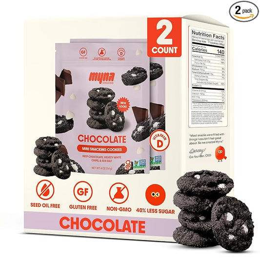 Myna Snacks Midnight Mini Snacking Cookies - Seed Oil Free Snacks - Gluten and Dairy Free Snack - Chocolate Cookies w/White Chips - Healthy Dessert - Sweet Cookie Bites, 8oz (Pack of Two, 4oz Bags)