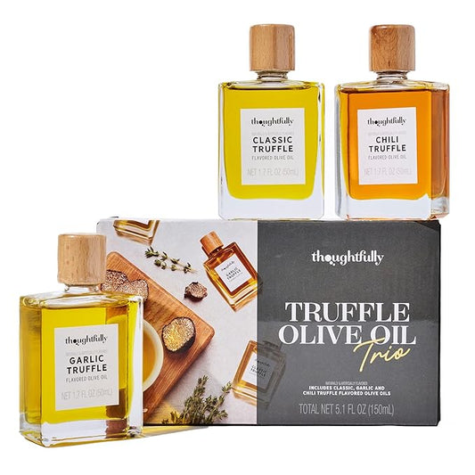 Thoughtfully, Truffle Oil Trio, Includes Classic, Garlic, and Chili Truffle Infused Olive Oil in 1.7 oz Glass Bottles, Set of 3