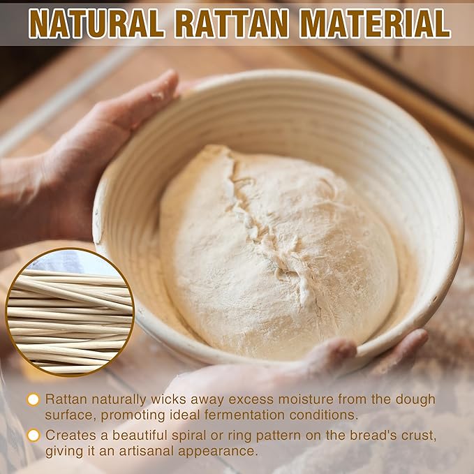 Banneton Bread Proofing Basket Set of 2, 9 Inch Round Sourdough Basket with Liners, Handmade Rattan Dough Proofing Bowl for Artisan Bread Making, Ideal for Bakers (Round 9 inch set 2 Pcs)