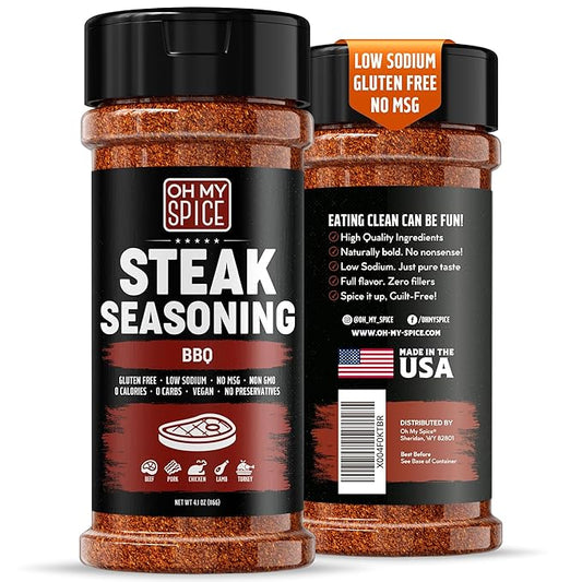 Steak Seasoning BBQ Rub Mix - Gluten Free & Low Sodium Meat Seasonings for Beef, Rib & Ribeye. Steak Seasoning for Grilling. BBQ Seasonings for Cooking. Steaks Salt Blend. Smoking Steaks Rubs. 4.1oz