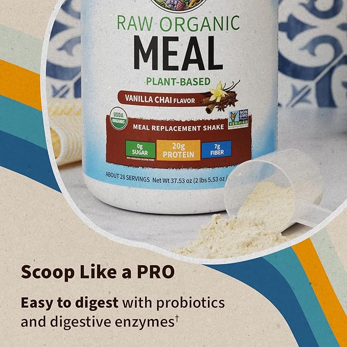 Garden of Life Meal Replacement Shakes, Raw Organic, Vanilla Chai Protein Powder with Plant Based Pea Protein, Sprouts, Greens, Probiotics, Dairy Free 14 Servings