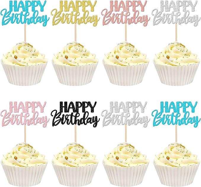 30 PCS Happy Birthday Cupcake Toppers Glitter Happy Birthday Cupcake Picks for Celebrating Birthday Anniversary Theme Party Cake Decorations Supplies Mixed 6 Colors