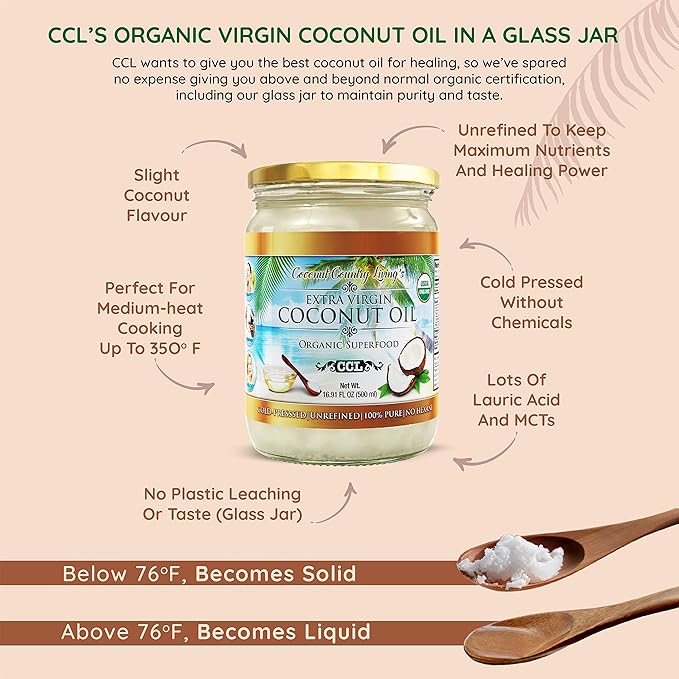 Organic Extra Virgin Coconut Oil - Unrefined Organic Cold Pressed | Ideal For Hair, Skin, Cooking, Body Massage, Beauty and Oil Pulling| Keto & Paleo Cooking Oil - 16.91 oz Coconut oil in Glass Jar
