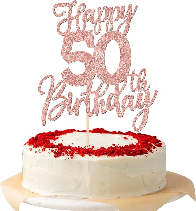 1 PCS Happy 50th Birthday Cake Topper Glitter Cheers to 50 Years Birthday Cake Pick Fifty Hello 50 Fabulous Cake Decorations for Happy 50th Birthday Anniversary Party Supplies Rose Gold