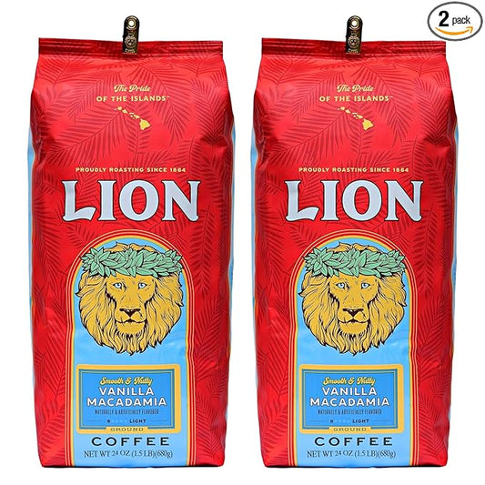 Lion Coffee, Vanilla Macadamia Flavor Light Roast - Ground Coffee, Two 24 Ounce Bags