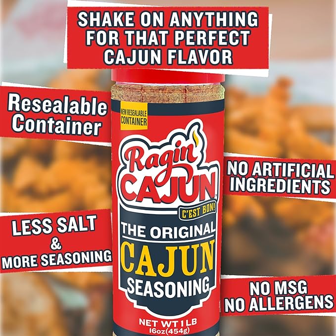 Original Cajun Seasoning - 16 oz Jar, Pack of 4, Low Sodium, No MSG, All Natural - Authentic Louisiana Spice for Grilling and Cooking Fish, Chicken, Steak, Soup, Seafood & Gumbo by Ragin' Cajun