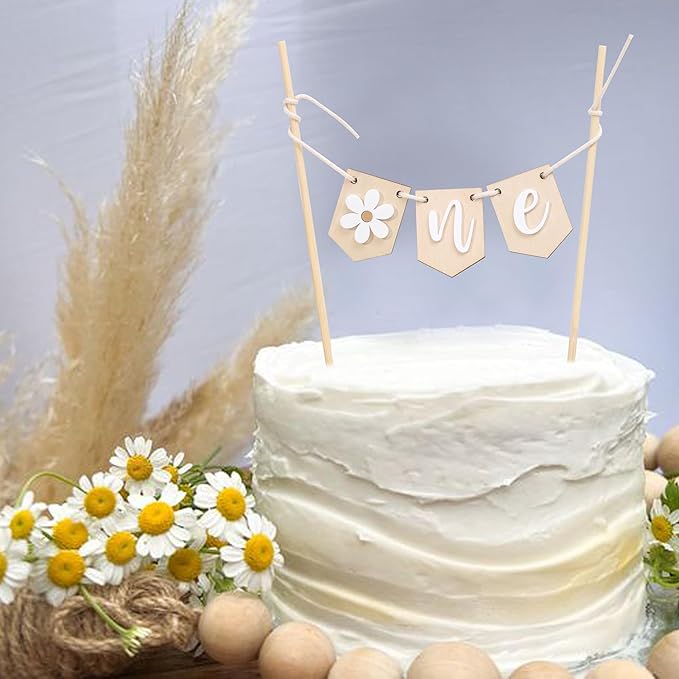 Wooden Daisy One 1st Birthday Cake Topper - Retro Groovy Boho Daisy, Best Flower Cake Topper