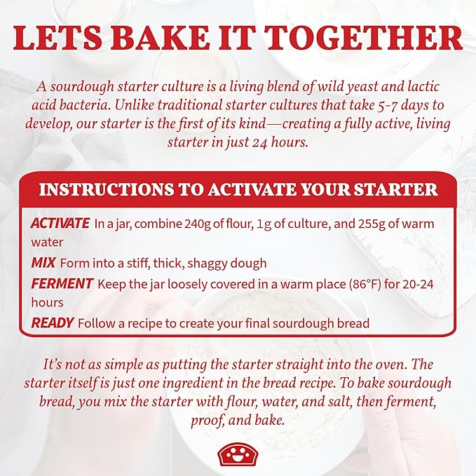 Bakers Club Rapid 24-Hour Sourdough Starter Culture - Makes 5 Batches - Mix, Ferment & Bake Next Day - Tangy Flavor without Weeks of Waiting - Best Dehydrated Sour Dough Starter for Home Bread Bakers