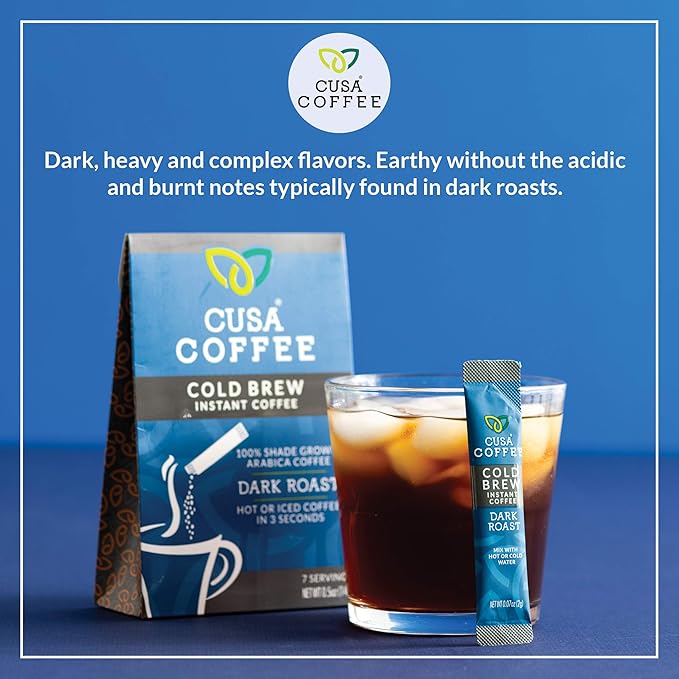 Cusa Tea & Coffee | Premium Instant Dark Roast | Rainforest Alliance Certified Arabica Beans | Hot or Cold Brew Drink Mix Packets (30 Single Servings)