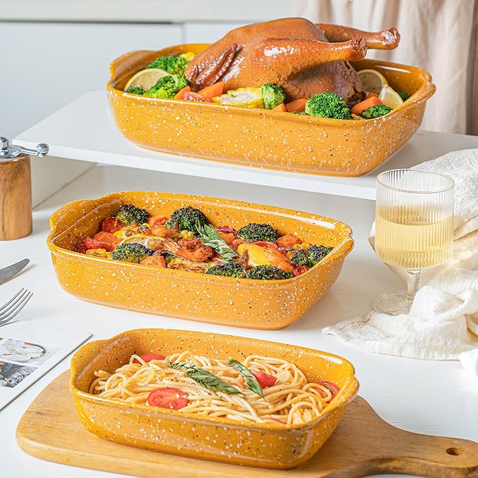 Ceramic Baking Dish Set of 3, Casserole for Oven,Rectangular Bakeware Dishes with Handles,Lasagna Pan Deep,Handcraft Speckle Stoneware Series (13.8''/12''/9.6''Orange)