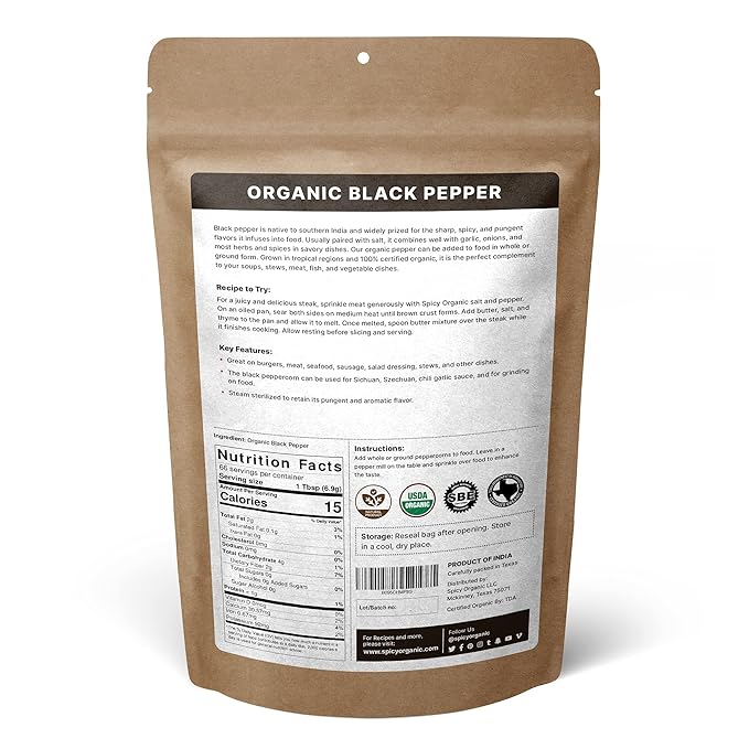 SPICY ORGANIC Black Peppercorns ??16 oz - Whole, Fresh, and Spicy Black Pepper for Grinder Refill, Premium Ceylon Quality, USDA Certified Organic, Gluten-Free, and Kosher