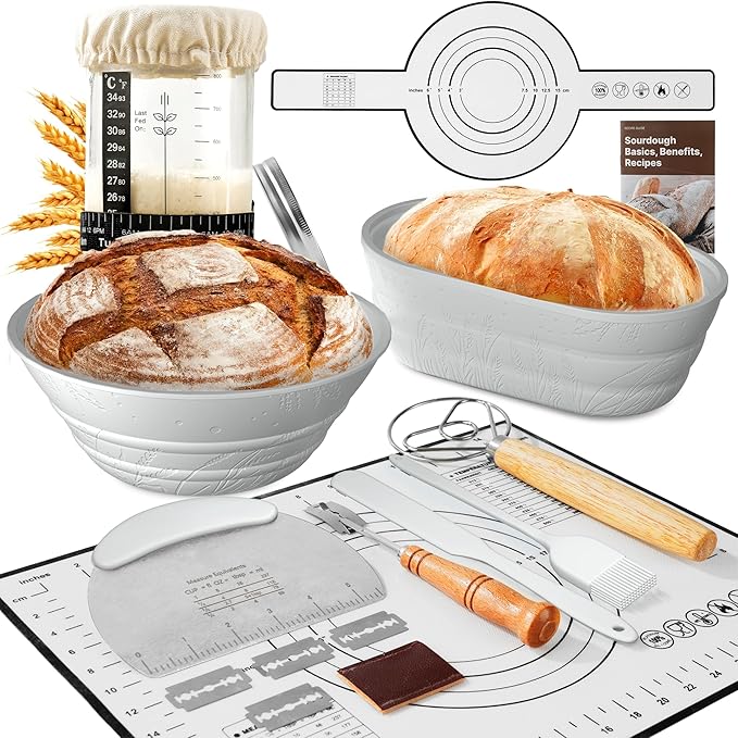 Sourdough Starter Kit with Jar ??Complete Sourdough Bread Baking Supplies for Beginners, Includes 2 Silicone Proofing Baskets Baking Mat Sour Dough Kit - Gray