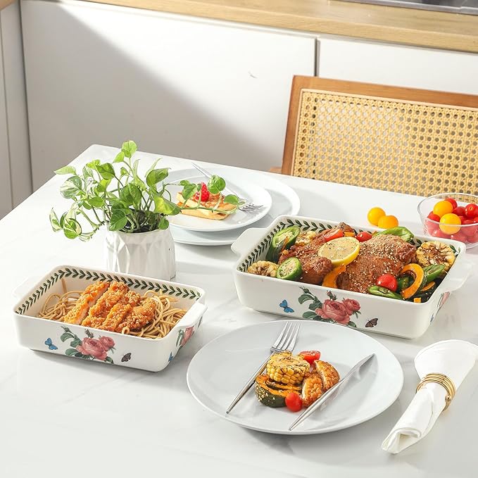 Ceramic Baking Casserole Dish with Handles, Large 8x13 inch & 6x10 inch Pan and Middle Baking Pan - Porcelain Serving Bakeware Set (Pink rose)
