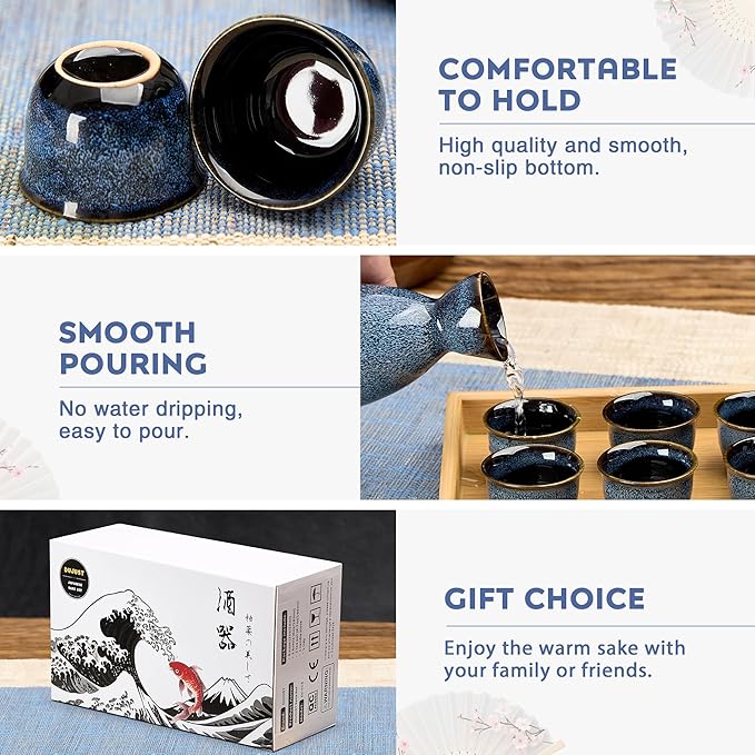 DUJUST 10 pcs Japanese Sake Set with Warmer for 6, Kiln Altered Glaze Porcelain Sake Set, 6 Sake Cups, 1 Sake Bottle, 1 Warmer, 1 Candle Stove, 1 Tray & 1 Box, Warm Sake Carafe, Japanese Gifts - Blue
